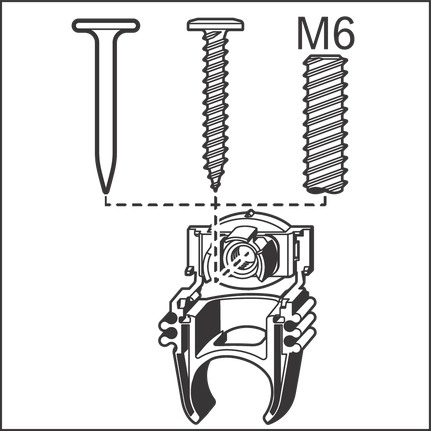 บุคคลถือตัวยึดที่แสดงตัวเลือกสำหรับการติดตั้งตะปู สกรู หรือโบลต์ M6.