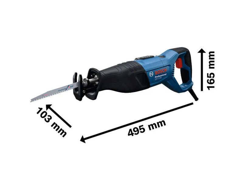 เลื่อยตัดโลหะแบบลูกสูบ Bosch GSA 12-30 ตามขนาดที่แสดง.