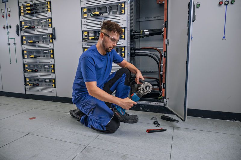 บุคคลที่สวมอุปกรณ์ด้านความปลอดภัยกำลังจีบสายเคเบิลโดยใช้เครื่องมือไฮดรอลิกแบบไร้สาย.