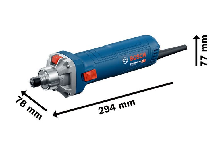เครื่องเจียรตรง Bosch GGS 30 S พร้อมขนาดที่แสดง.