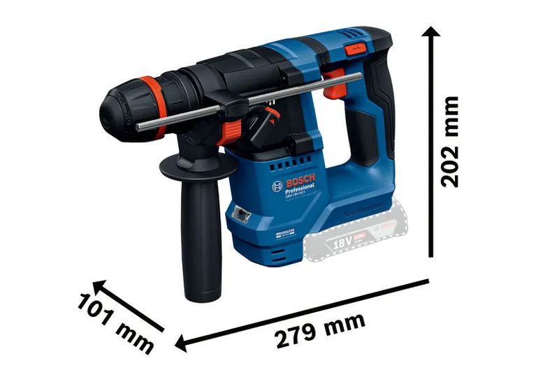 สว่านโรตารี่ Bosch GBH 18V-18X พร้อมขนาดและมิติ
