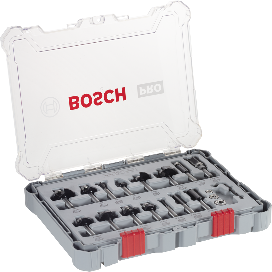 ชุดดอกกัด Bosch PRO Router Bit คละแบบ 15 ชิ้น ในกล่อง.