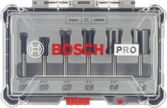 ดอกเร้าเตอร์ PRO ชุดตรง ก้าน 1/4 นิ้ว 6 ชิ้น ชุดดอกเราเตอร์ก้าน 1/4″ Bosch PRO 6 ชิ้น.