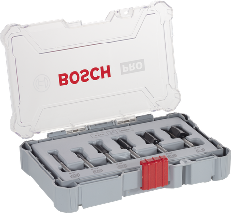 ดอกเร้าเตอร์ PRO ชุดตรง ก้าน 1/4 นิ้ว 6 ชิ้น ชุดดอกกัดตรง Bosch PRO Router Bit จำนวน 6 ชิ้น ในกล่องเก็บของ.