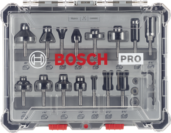 ชุดดอกเราเตอร์ Bosch PRO 1/4″ 15 ชิ้น.