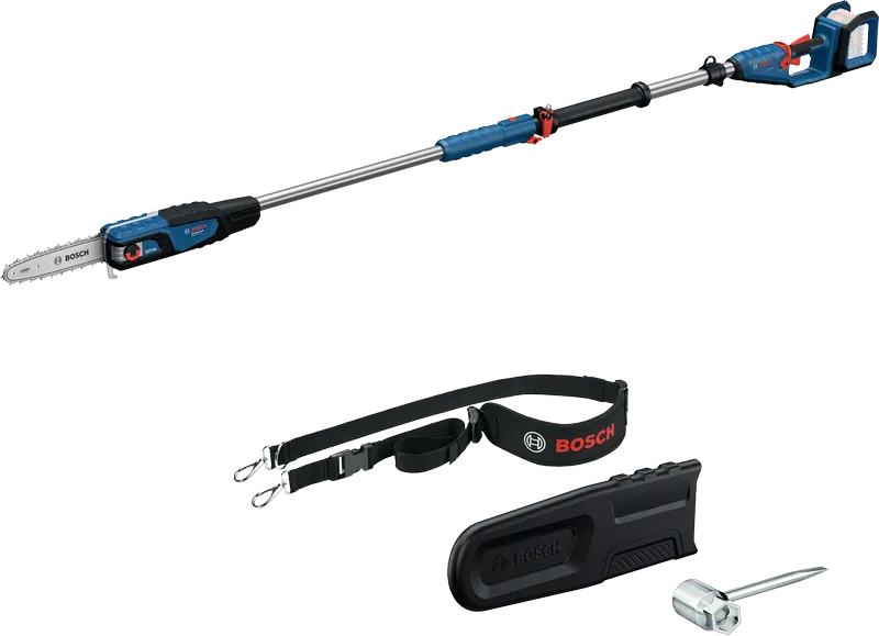 เลื่อยโซ่ยนต์ Bosch GKE 18V-25 พร้อมด้ามจับแบบยืดหดได้และอุปกรณ์เสริม.