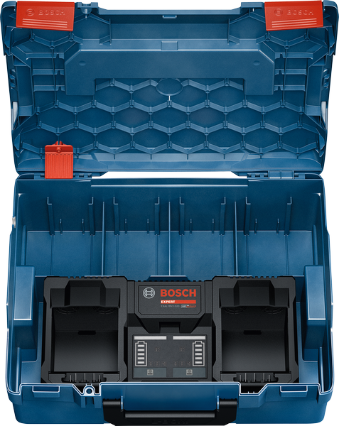 เครื่องชาร์จแบตเตอรี่คู่ Bosch 18V ในกล่องเก็บสีน้ำเงิน.