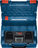 เครื่องชาร์จแบตเตอรี่คู่ Bosch 18V ในกล่องเก็บสีน้ำเงิน.