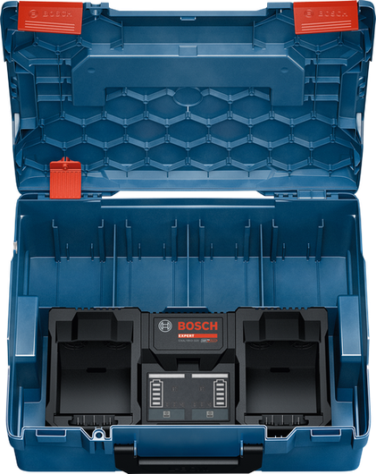 เครื่องชาร์จแบตเตอรี่คู่ Bosch 18V ในกล่องเก็บสีน้ำเงิน.