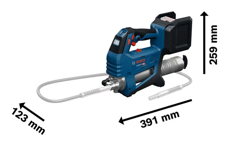 ปืนจารบีไร้สาย Bosch GFP 18V-10 พร้อมขนาดที่แสดง
