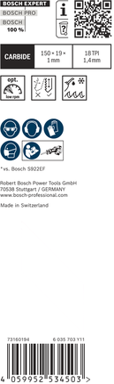 ใบเลื่อยตัดโลหะแบบลูกสูบ Bosch EXPERT Thin Tough Metal S 922 EHM.