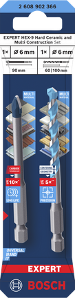 EXPERT HEX-9 Hard Ceramic และชุด HEX-9 Multi Construction Set, 6 มม., 2 ชิ้น ชุดดอกสว่านเจาะเซรามิกแข็งและหลายโครงสร้าง Bosch EXPERT HEX-9 ขนาด 6 มม.