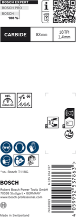 ใบเลื่อยจิ๊กซอว์ Bosch EXPERT Tough Metal T118EHM สำหรับตัดโลหะ.