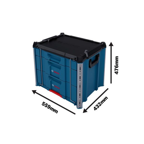 กระเป๋าใส่เครื่องมือ Bosch L-BOXX Contractor Drawer 3 พร้อมขนาดที่แสดง.