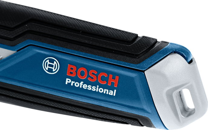 ด้ามจับเครื่องมือไฟฟ้าสีน้ำเงินและดำ พร้อมพื้นผิวกันลื่นและโลโก้แบรนด์