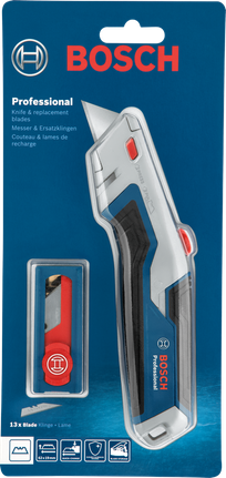 มีดอเนกประประสงค์และใบมีดสำรองบรรจุในบรรจุภัณฑ์พลาสติก วางอยู่บนพื้นหลังสีฟ้า