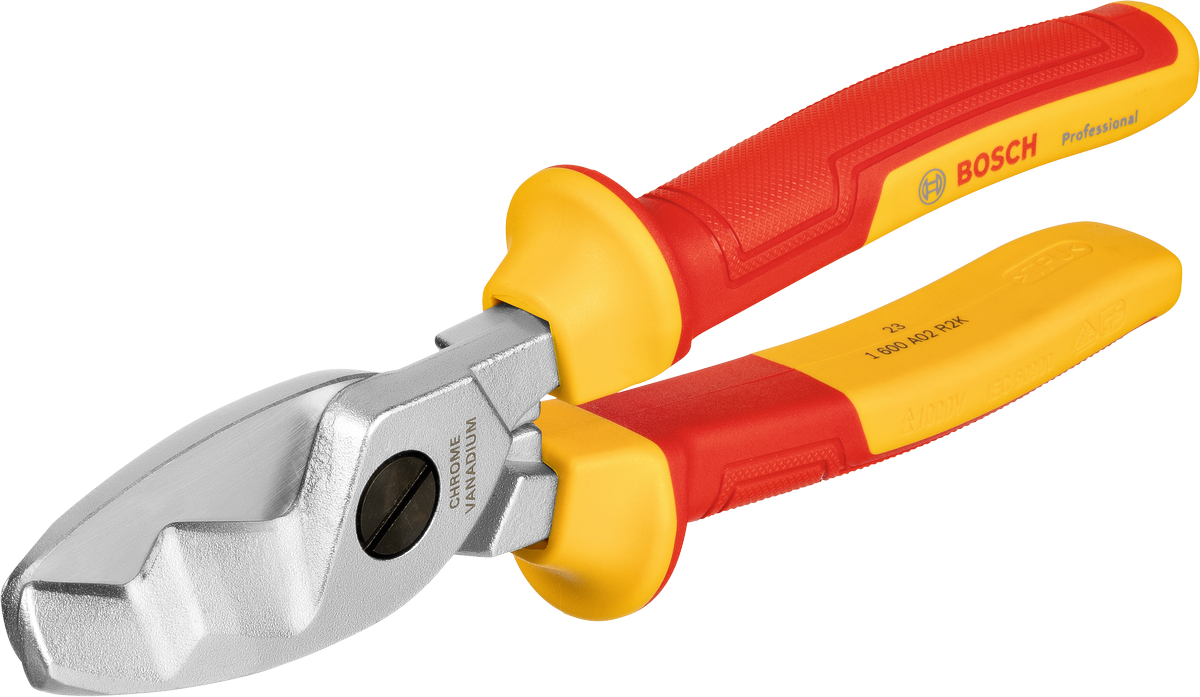 กรรไกรตัดสายเคเบิล Bosch VDE พร้อมด้ามจับหุ้มฉนวนสีแดงเหลือง