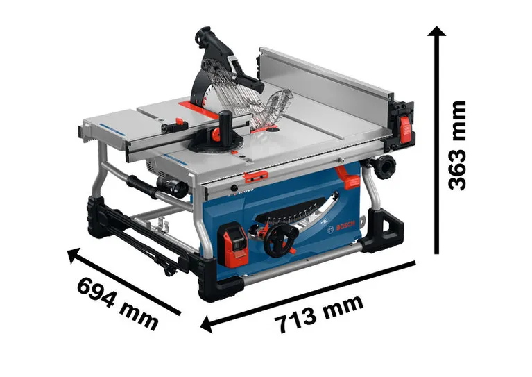 โต๊ะเลื่อย Bosch GTS100-254 พร้อมขนาดที่แสดง.