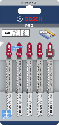 ใบเลื่อยจิ๊กซอว์ Bosch PRO Plastics T102H สำหรับ PVC และ PMMA บรรจุ 5 ใบ