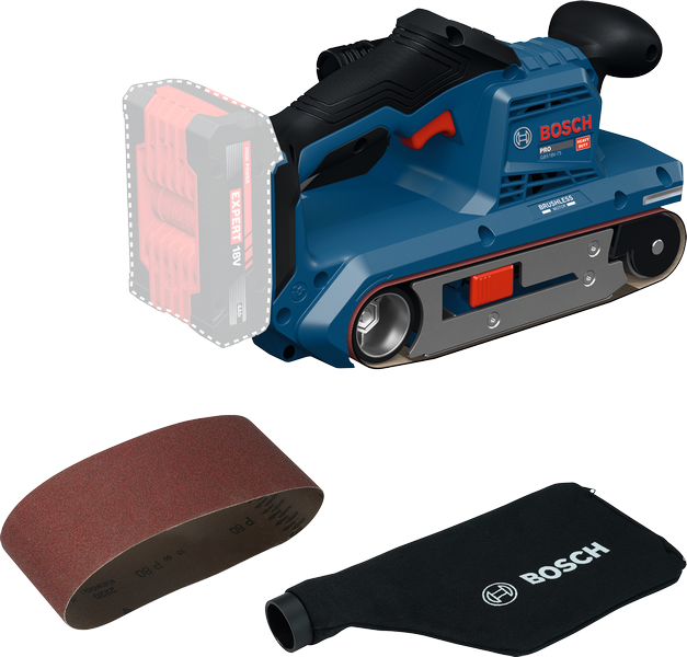เครื่องขัดสายพานไร้สาย Bosch GBS 18V-75 พร้อมสายพานขัดและถุงเก็บฝุ่น