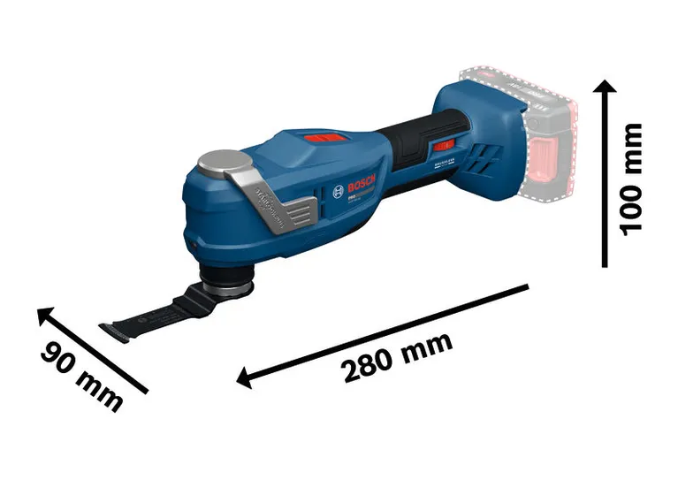 เครื่องมืออเนกประสงค์ Bosch GOP18V-30 พร้อมขนาดที่แสดง
