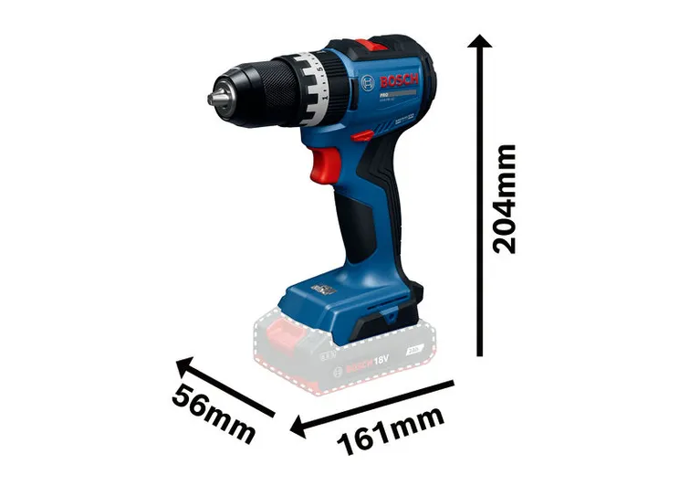 ขนาดของสว่านกระแทกไร้สาย Bosch GSB18V-52