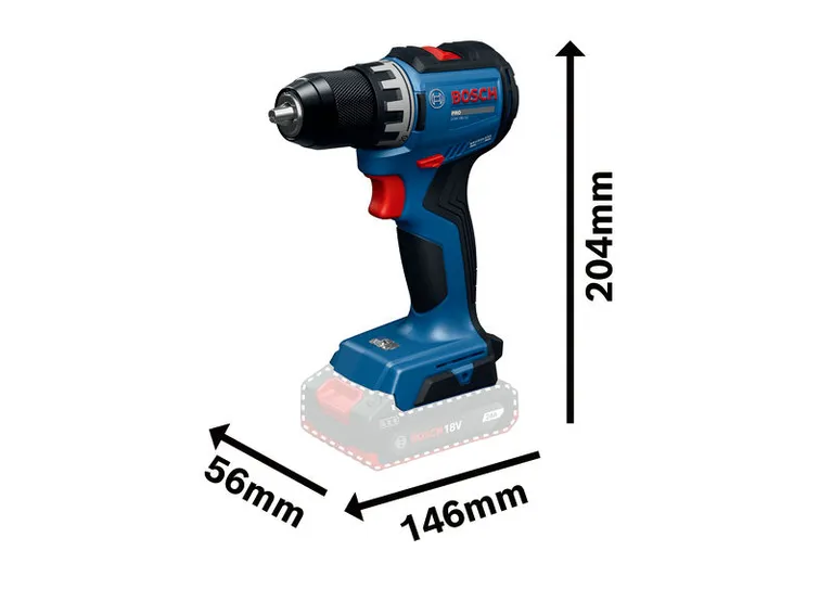 ขนาดของสว่านไร้สาย Bosch GSR18V-52 แสดงอยู่ในภาพ