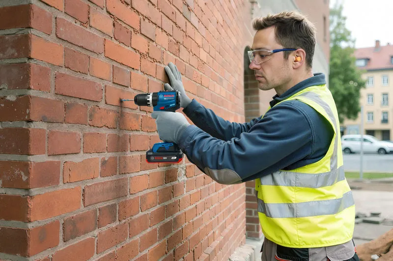 บุคคลที่สวมอุปกรณ์ความปลอดภัยกำลังเจาะกำแพงอิฐโดยใช้สว่านกระแทกไร้สาย