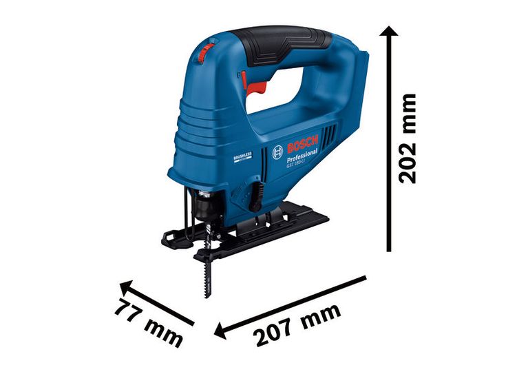 เลื่อยจิ๊กซอว์ไร้สาย Bosch GST 183-LI พร้อมขนาดตามที่แสดงในภาพ