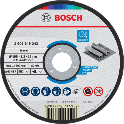 แผ่นตัดโลหะ Bosch ขนาด 105 x 1.2 x 16 มม. อายุการใช้งานยาวนาน